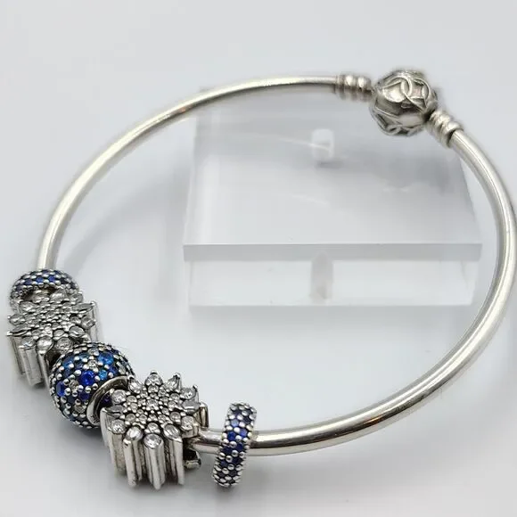 Pandora Sterling 925 Pattern Of Love Bangel Bracelet 5 Charms Clear & Blue CZ